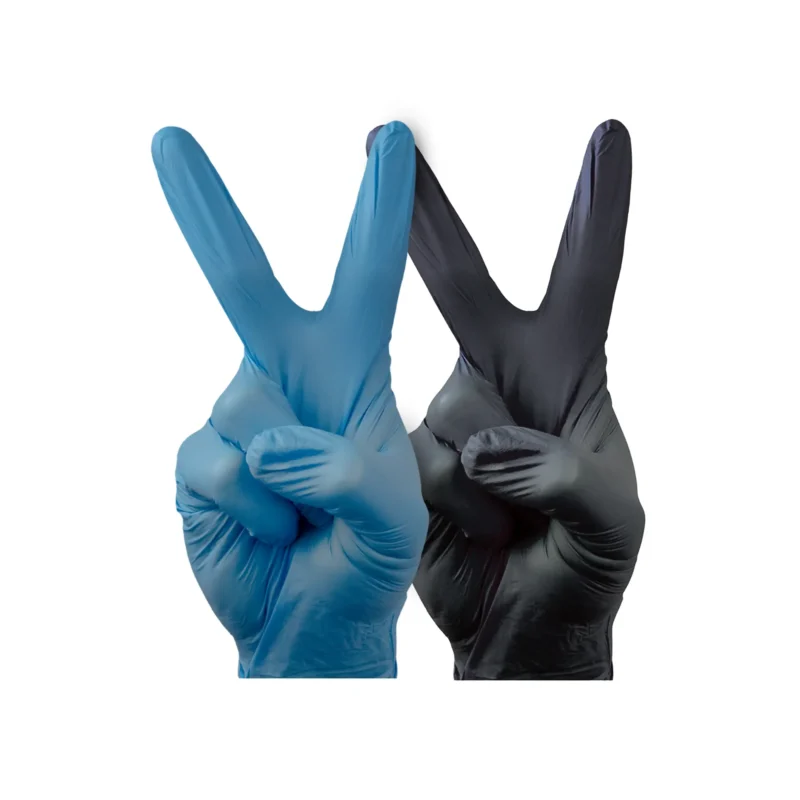 TIDDOX Nitrile Ultra Soft Progenics Gloves blue and black side by side showing peace signs