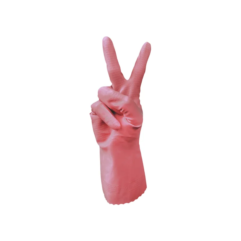 Bastion Silverlined Rubber Gloves Pink on hand showing a peace sign