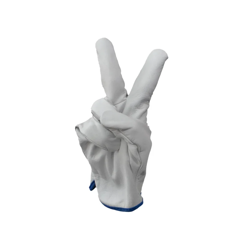 Bastion Santona Leather Riggers Gloves on one hand showing peace sign