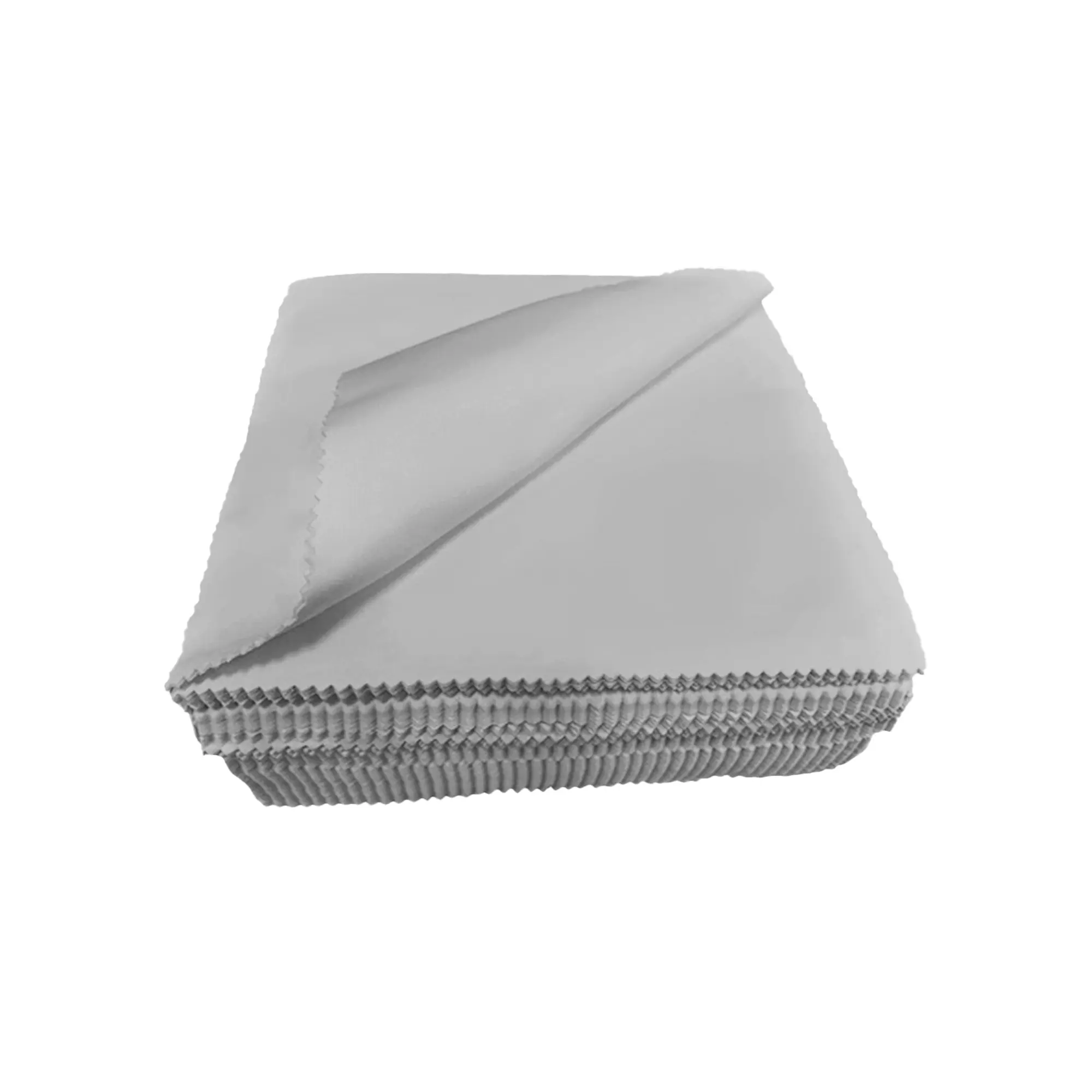 Stack of grey Microfibre Lens Cleaning Cloths with the top cloth curved to the top left corner