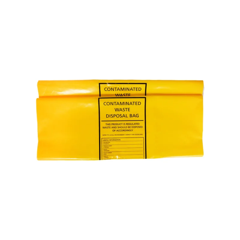 two bags of yellow contaminated waste disposal bags on a white background