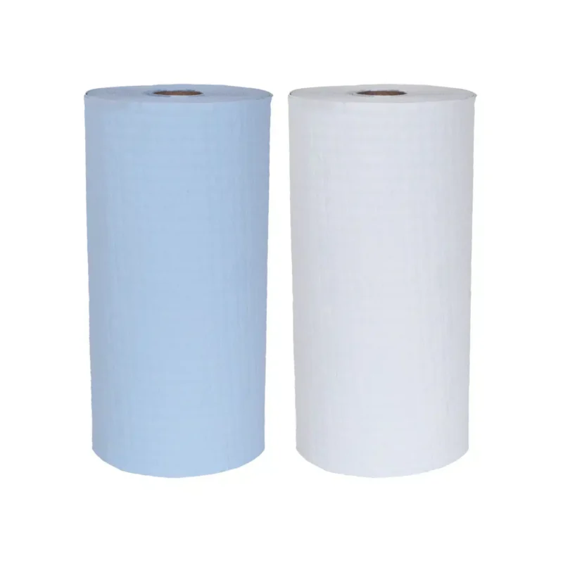 Blue and White roll of Rosche Visper Wipes on a white background