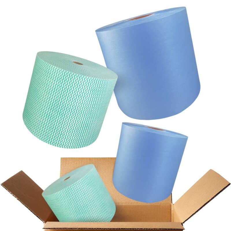 4 jumbo rolls on a white background coming out of a cardboard box
