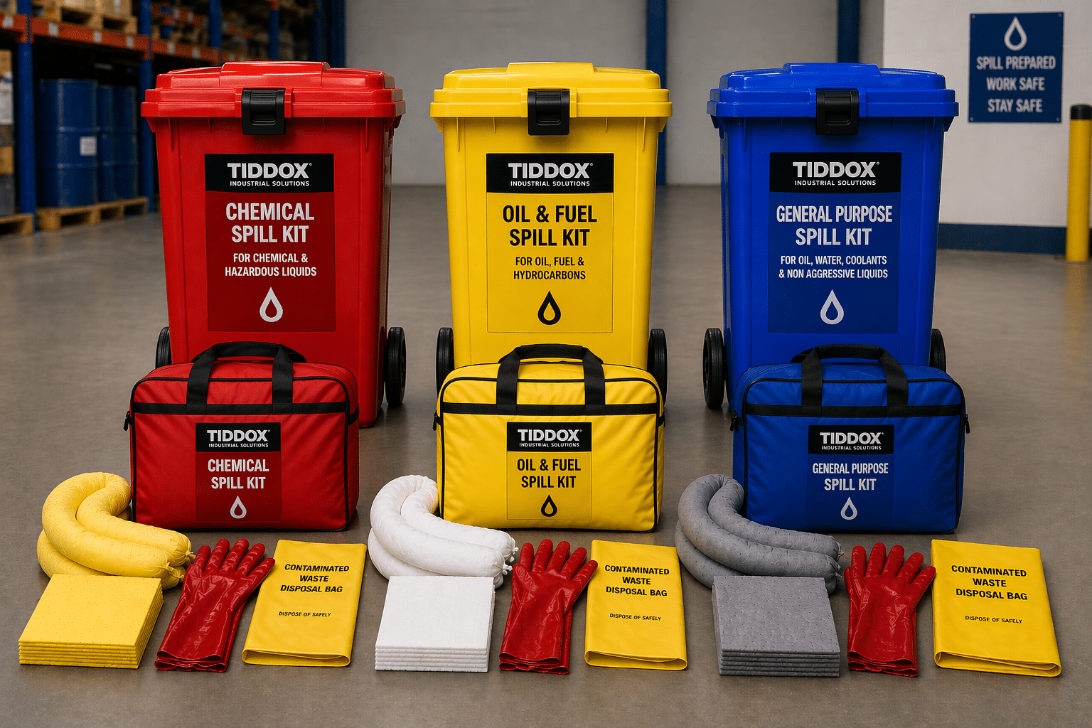 Spill kits for different spills in the workplace.