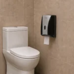 Toilet roll in the dispenser in a bathroom