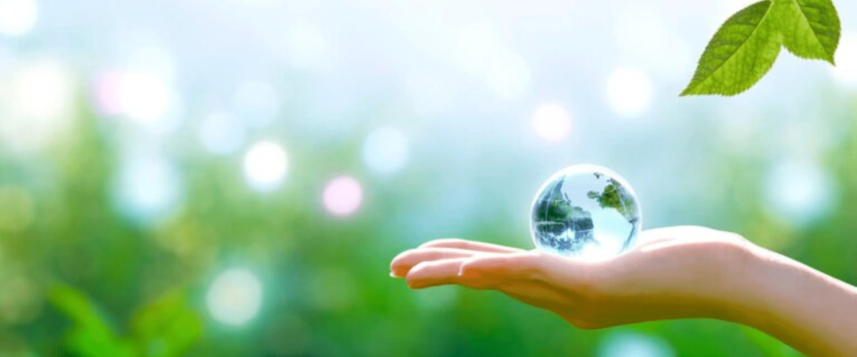 On a verdant nature setting, a woman delicately embraces the transparent globe of Earth in her hand